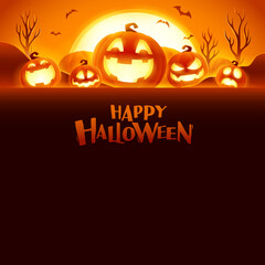 Happy Halloween. Jack O Lantern party. Halloween pumpkin patch in the moonlight. Wide copy space for design.