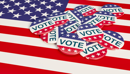 Close-up of some US election vote badges who are laying on the flag of the United State. 3D illustration