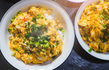 Asian style minced shrimp omelet with rice .