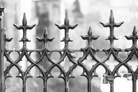 View of the Prague castle through a metal fence