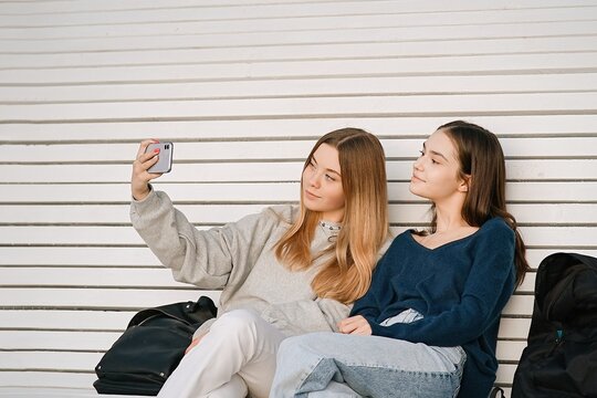 Two teenage girls taking selfie on the phone while sitting on a bench near the university. People, friendship, studying, lifestyle concept          