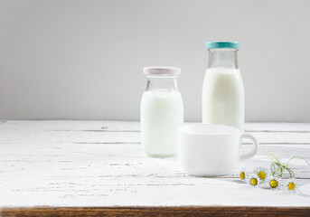 Two glass bottles and a mug with fresh organic milk or dairy product on a white wooden table, diet and nutrition concept with copy space