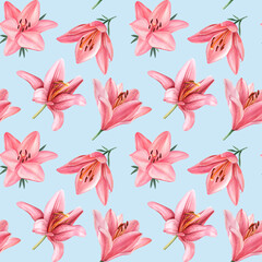 Lilies on an isolated blue background. Watercolor painting Floral seamless patterns. Lily flower