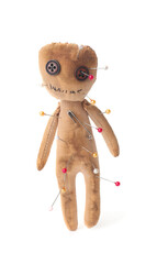 Voodoo doll with pins isolated on white
