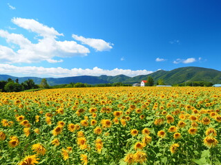 北海道の絶景 赤井川村のひまわり畑と青空 赤い屋根の家