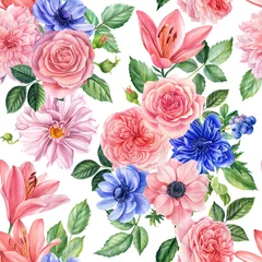 Foto op Plexiglas Floral seamless patterns from branches of roses, dahlia, lilies and anemone. Watercolor painting © Hanna