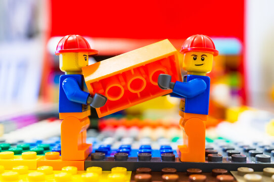 POZNAN, POLAND - Mar 14, 2019: Lego construction worke