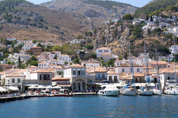 July, 20, 2021. Hydra Island, Greece. View of the bay, ships and attractions of the island of Hydra