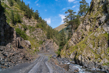 Dangerous mountain road in Tusheti, travel across Georgia