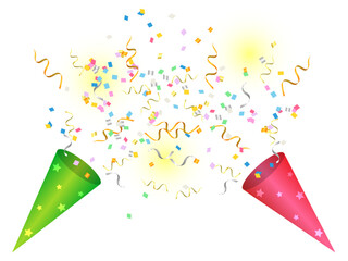 赤と緑のクラッカーと舞い散る紙吹雪