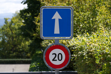 Traffic signs one way and speed limit 20 kilometers per hour at City of Nyon. Photo taken August...