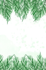 Fir branches watercolor vertical background. Template for decorating designs and illustrations.