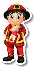 Sticker design with a fireman cartoon character