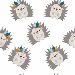 Seamless pattern from a cute hedgehog with a butterfly on his head. Vector illustration

