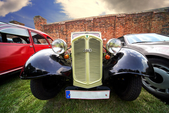 DKW F4 car from the car company Auto Union, front view with large radiator grille in Lehnin, Germany, August 21, 2021