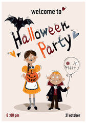 Halloween party invitations, with witch girl and vampire boy, pumpkin and bat. Design template