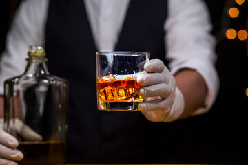 Bartender Serve Whiskey, on wood bar, 