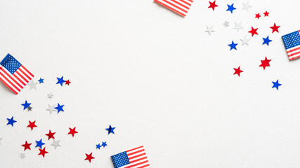 USA holiday banner design. Frame of american flags and confetti stars on white background. Happy...