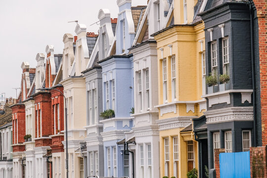 Row of colourful houses in Hammersmith & Fulham area of south west London- UK 