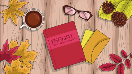 Fototapeta na wymiar Autumn still life maple and rowan leaves, pinecones, an English book, two envelopes, coffee and glasses on the wooden table. 