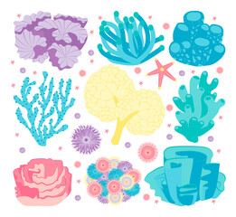 set of corals in pastel colors, purple, yellow, turquoise, blue. cartoon flat style. starfish, underwater world