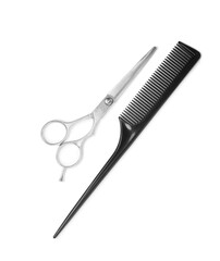 Professional hairdresser scissors and black comb isolated on white, top view. Haircut tools