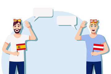 Men with Spanish and Austrian flags. Background for the text. Communication between native speakers of the language. Vector illustration.