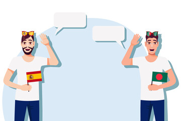 Men with Spanish and Bangladeshi flags. Background for text. Communication between native speakers of Spain and Bangladesh. Vector illustration.