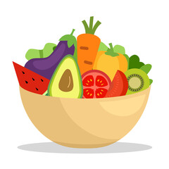 Vegetables and fruit in bowl in flat design on white background. Healthy food concept vector illustration.