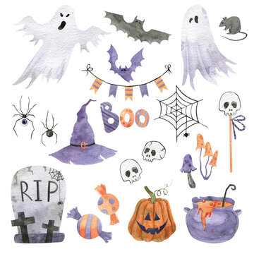 Watercolor set elements for Halloween. Hand drawn watercolour painting on white, clip art graphic elements for creative design, printable decor.