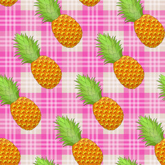 Pineapple seamless pattern on pink gingham background. Tropical fruit repeating endless texture. Yummy boundless background. Food surface pattern design. Editable tile for apparel or wrapping paper