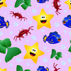 seamless pattern with starfish, crabs and fishes for decor wrapping paper and fabric