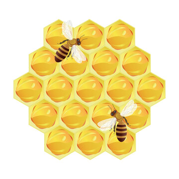 Vector image of a honeycomb and bees flying over it. Ready-made logo, signboard or logo.