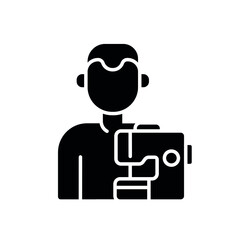 Man with sewing machine glyph icon. Vector fill black illustration.
