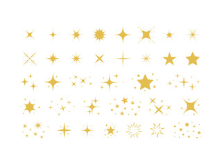 Set of gold stars and sparkles isolated on white background. Sparkles symbols. Sparks and stars Vector illustration
