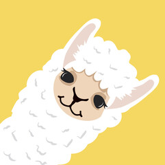 Cute lama alpaca head  on yellow background