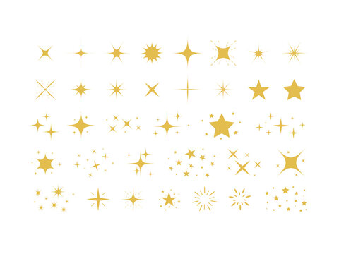 Set of gold stars and sparkles isolated on white background. Sparkles symbols. Sparks and stars Vector illustration
