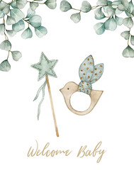 Watercolor illustration card welcome baby with wood bird, star and eucalyptus. Isolated on white background. Hand drawn clipart. Perfect for card, postcard, tags, invitation, printing, wrapping.