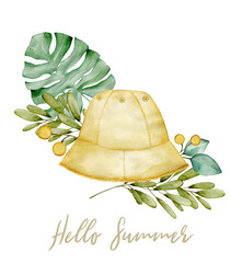 Watercolor illustration card with baby hat, monstera, eucalyptus and text hello summer. Hand drawn clipart isolated on white background.  Perfect for card, invitation, baby shower, poster, nursery.