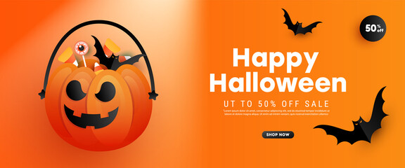 Happy halloween sale banner holiday concept. Halloween decorations, candy, evil pumpkin and bats on orange background.