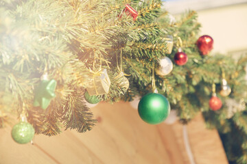 Christmas decorations on roof of store