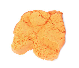 Pile of orange kinetic sand on white background, top view
