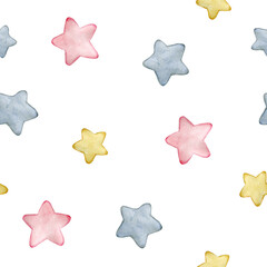 Watercolor seamless pattern with pink, yellow and blue cartoon stars. Hand drawn clipart isolated on white background.  