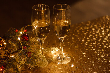 New Year Eve celebration with bottle and glasses of champagne