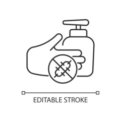 Antiseptic hand washing linear icon. Hand disinfectant. Preventing bacteria spread with handrub. Thin line customizable illustration. Contour symbol. Vector isolated outline drawing. Editable stroke