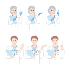 白衣を着た男女のポジティブなポーズバリエーションセット