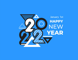 2022 Happy New Year logo text design geometric theme triangles and circles blue background