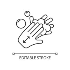 Lathering back of hands linear icon. Rubbing hands together with soap. Proper handwashing step. Thin line customizable illustration. Contour symbol. Vector isolated outline drawing. Editable stroke