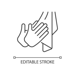 Dry hands with towel linear icon. Effective bacteria removing. Using paper and textile towels. Thin line customizable illustration. Contour symbol. Vector isolated outline drawing. Editable stroke