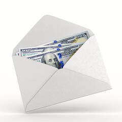 envelope with money on white background. Isolated 3D illustration